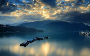 Mountains, bay, ferry, boat, clouds, dawn, water wallpaper thumb