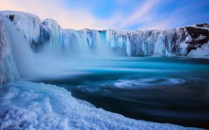 Iceland, Godafoss, beautiful waterfall, ice, snow, winter, blue wallpaper thumb