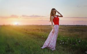 Red dress girl, flowers, grass, sunset wallpaper thumb
