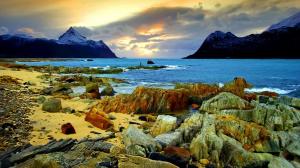 Coast Shore Rocks Wood Fjord Lakes Mountains Landscapes Sunset Sunrise Android wallpaper thumb