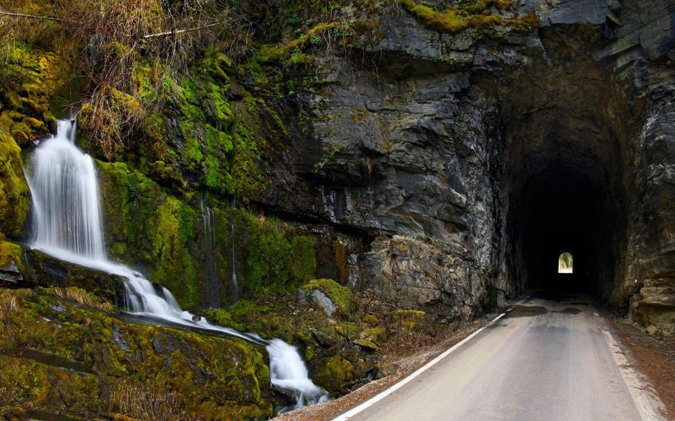 Beautiful Entrance To The Tunnel wallpaper,waterfalls HD wallpaper,tunnel HD wallpaper,road HD wallpaper,rock HD wallpaper,entrance HD wallpaper,3d & abstract HD wallpaper,1920x1200 wallpaper