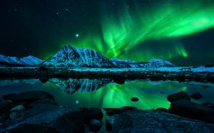 Aurora Borealis Green Northern Lights Mountains Landscape Night Pond Reflection Rocks Stones HD wallpaper thumb