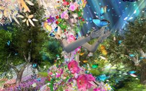 Creative design girl, butterfly, flowers, trees wallpaper thumb