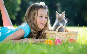 Easter eggs, cute girl, rabbit, Happy Easter wallpaper thumb