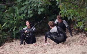 Jennifer Lawrence, sand, Katniss Everdeen, The Hunger Games, Josh Hutcherson, Catching Fire, Peeta wallpaper thumb