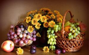 Still life, chrysanthemum, red and green grapes, apple, pears, fruits wallpaper thumb