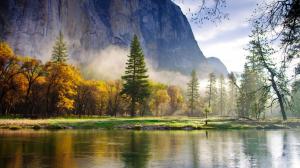 Nature morning scenery, forest, mountains, lake, mist wallpaper thumb