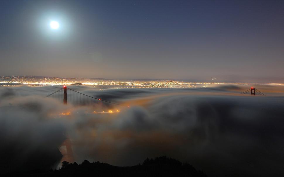 Golden Gate Bridge Bridge San Francisco Fog Mist Moonlight Night HD wallpaper,nature wallpaper,night wallpaper,bridge wallpaper,fog wallpaper,mist wallpaper,golden wallpaper,san wallpaper,gate wallpaper,francisco wallpaper,moonlight wallpaper,1440x900 wallpaper