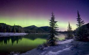 Beautiful Northern lights, mountains, trees, sky, stars, winter, snow, lake wallpaper thumb