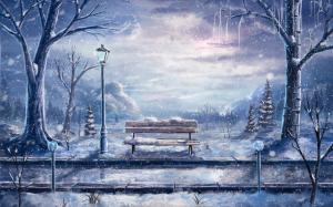 Art painting, winter, snow, bench, lantern, trees wallpaper thumb