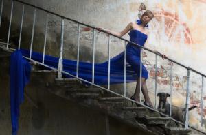 Stairs, Women, Dog, Model, Blue Dress wallpaper thumb