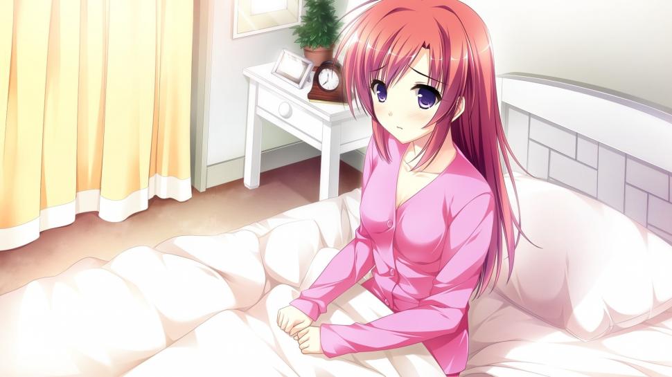 Red Hair Anime Girl Pink Dress Bed Wallpaper Anime Wallpaper