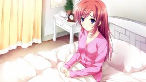 Red hair anime girl, pink dress, bed wallpaper thumb