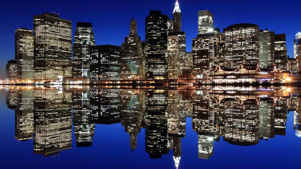 Manhattan Reflected At Night wallpaper,river reflection HD wallpaper,lights HD wallpaper,city HD wallpaper,skyscrapers HD wallpaper,nature & landscapes HD wallpaper,1920x1080 wallpaper
