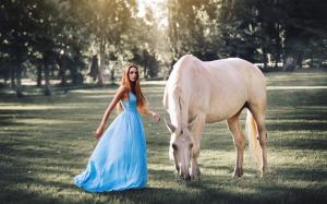 Blue dress girl, long hair, white horse, grass, trees, sunshine wallpaper thumb