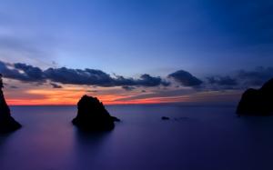 Japan, Shizuoka Prefecture, rocks island, sea, evening sunset, blue sky and clouds wallpaper thumb