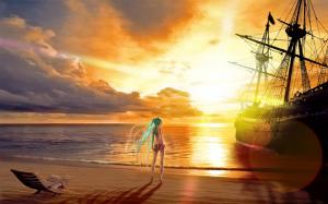 Hatsune Miku, Ship, Sunset, Sea, Beach, Sky, Vocaloid wallpaper thumb
