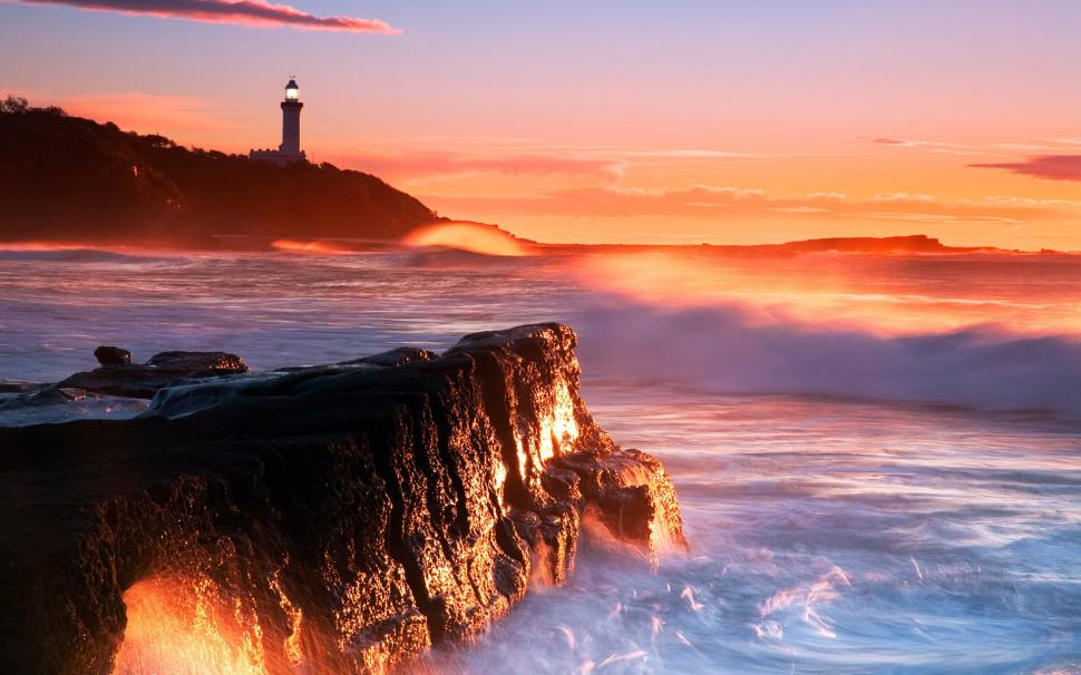 Lighthouse Sea Waves Rocks Cliffs Sunset Wallpaper Nature And