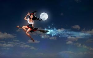 Witch on her broom under the full moon wallpaper thumb