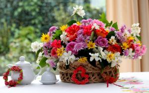 Basket, flowers, geranium, jasmine, rose, chrysanthemum, teapot wallpaper thumb