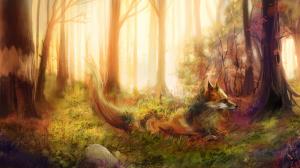 Art painting, fox, forest, trees, grass, rocks wallpaper thumb