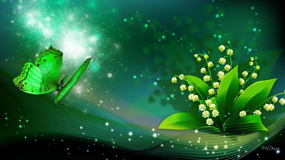 Lily Of The Valley Shine wallpaper,stars HD wallpaper,lily of the valley HD wallpaper,shine HD wallpaper,butterfly HD wallpaper,green HD wallpaper,sparkle HD wallpaper,flowers HD wallpaper,glow spots HD wallpaper,3d & abstract HD wallpaper,1920x1080 wallpaper