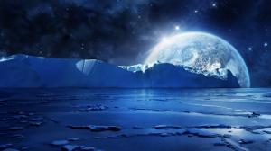 Blue sea ice water, cold night, planets and stars wallpaper thumb