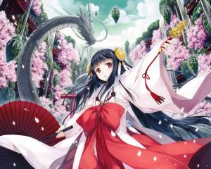 Anime Girls, Cherry Blossom, Dragon, Miko, Japanese Clothes wallpaper thumb