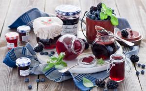 Still life, food, jam, blueberries, blackberries, jars, pots, spoons wallpaper thumb