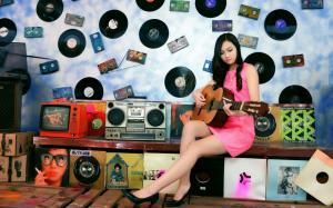 Asian girl, guitar, music, disc, room wallpaper thumb