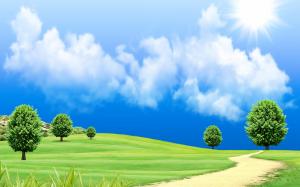 Beautiful dream world, green grass, trees, road, clouds, sun wallpaper thumb