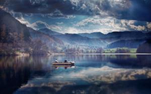 Dusk, lake, boat, water reflection, clouds wallpaper thumb