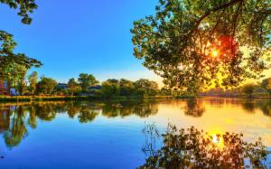 Spring sunset, lake water reflection, trees, sunlight, blue sky wallpaper thumb