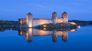 Lake, castle, light, night, reflection, blue wallpaper thumb