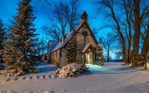 Church, winter, snow, trees, night wallpaper thumb