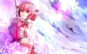 anime, girl, art, umbrella, flowers, pink wallpaper thumb