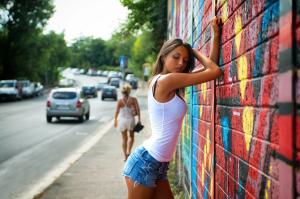 Woman, Street, Wall, Graffiti, Brunette wallpaper thumb