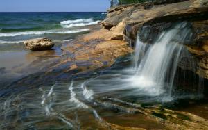Ocean Beach Waterfall Rock Stone HD wallpaper thumb