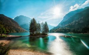 Lake, mountains, forest, trees, island wallpaper thumb