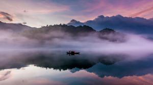 Dongjiang, river, boat, morning, fog, mountains, water reflection, China nature wallpaper thumb