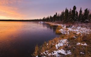 Sunset landscape, winter lake and trees wallpaper thumb