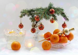 new year, christmas, food, tangerines, branch, candles, table wallpaper thumb