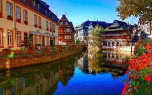 Strasbourg, France, river, flowers, restaurant, houses wallpaper thumb