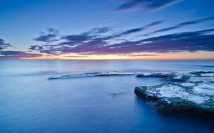 Spain, Valencia, stones, moss, sea, coast, calm evening, sunset, blue sky wallpaper thumb
