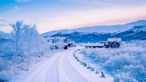 winter, snow, road, mountain, house, scenery wallpaper thumb