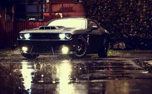 Dodge Challenger SRT black muscle car, rain wallpaper thumb