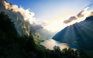 Klontalersee, mountains, trees, lake, clouds, sun rays, Switzerland wallpaper thumb