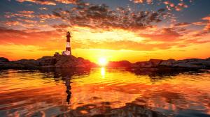 Lighthouse Sunset Sunlight Ocean Rocks Stones Clouds HD wallpaper thumb