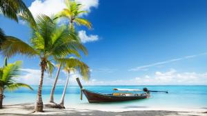 Thailand, beach, palms trees, sea, boat wallpaper thumb