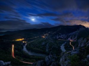 Night, mountains, stones, trees, road, moon wallpaper thumb
